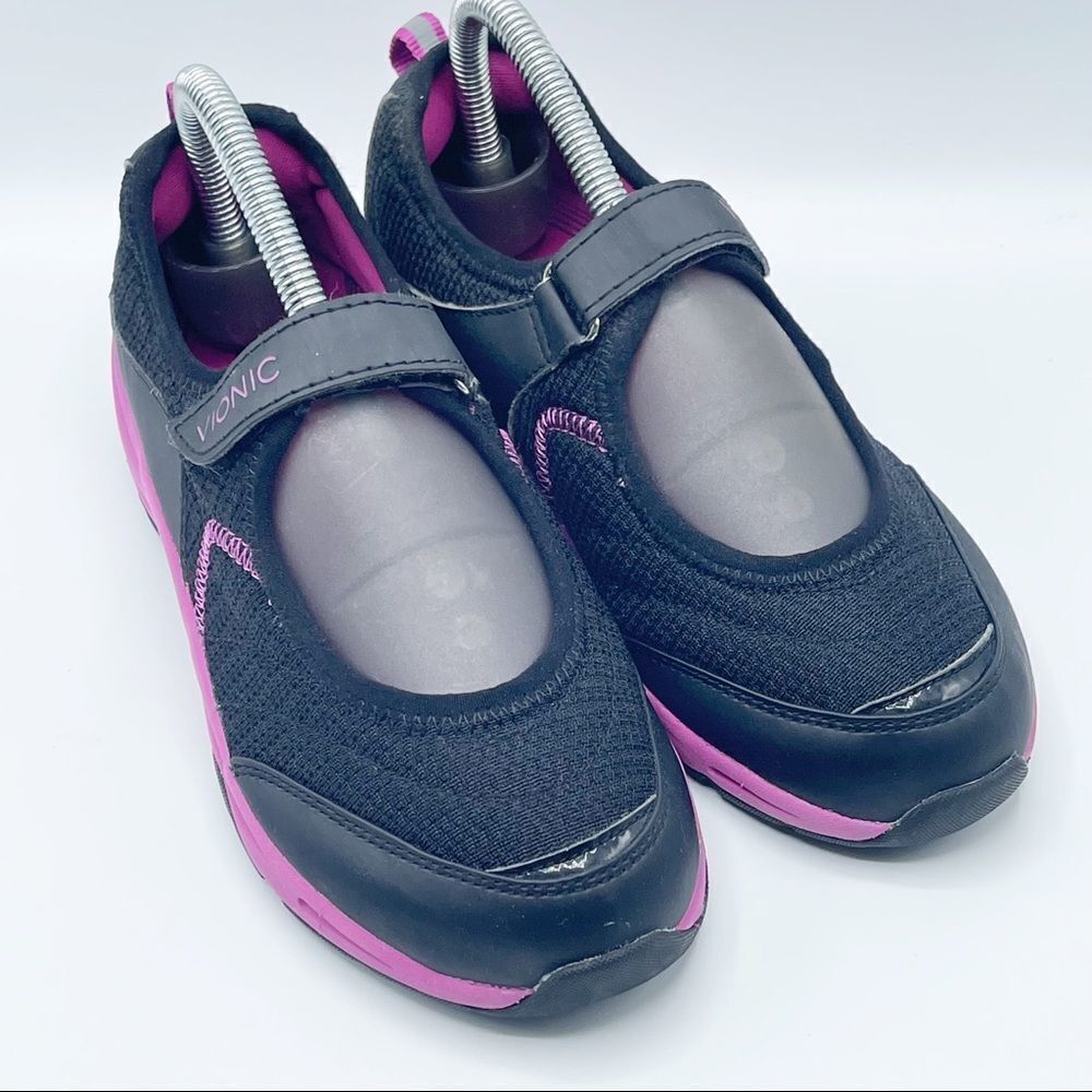 Vionic Sunset black and purple mary jane hook and loop sneakers
